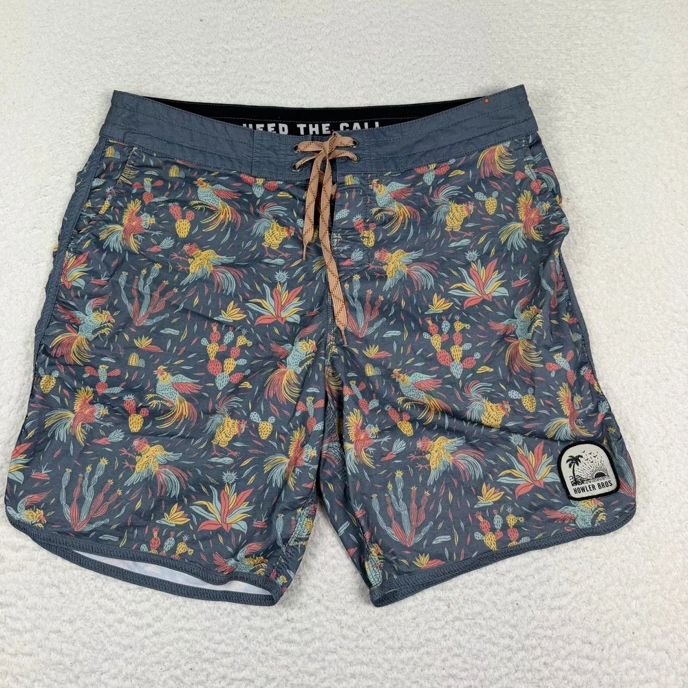 Howler Bros Board Shorts Mens 34 Blue Rooster Cactus Print Swim Trunks